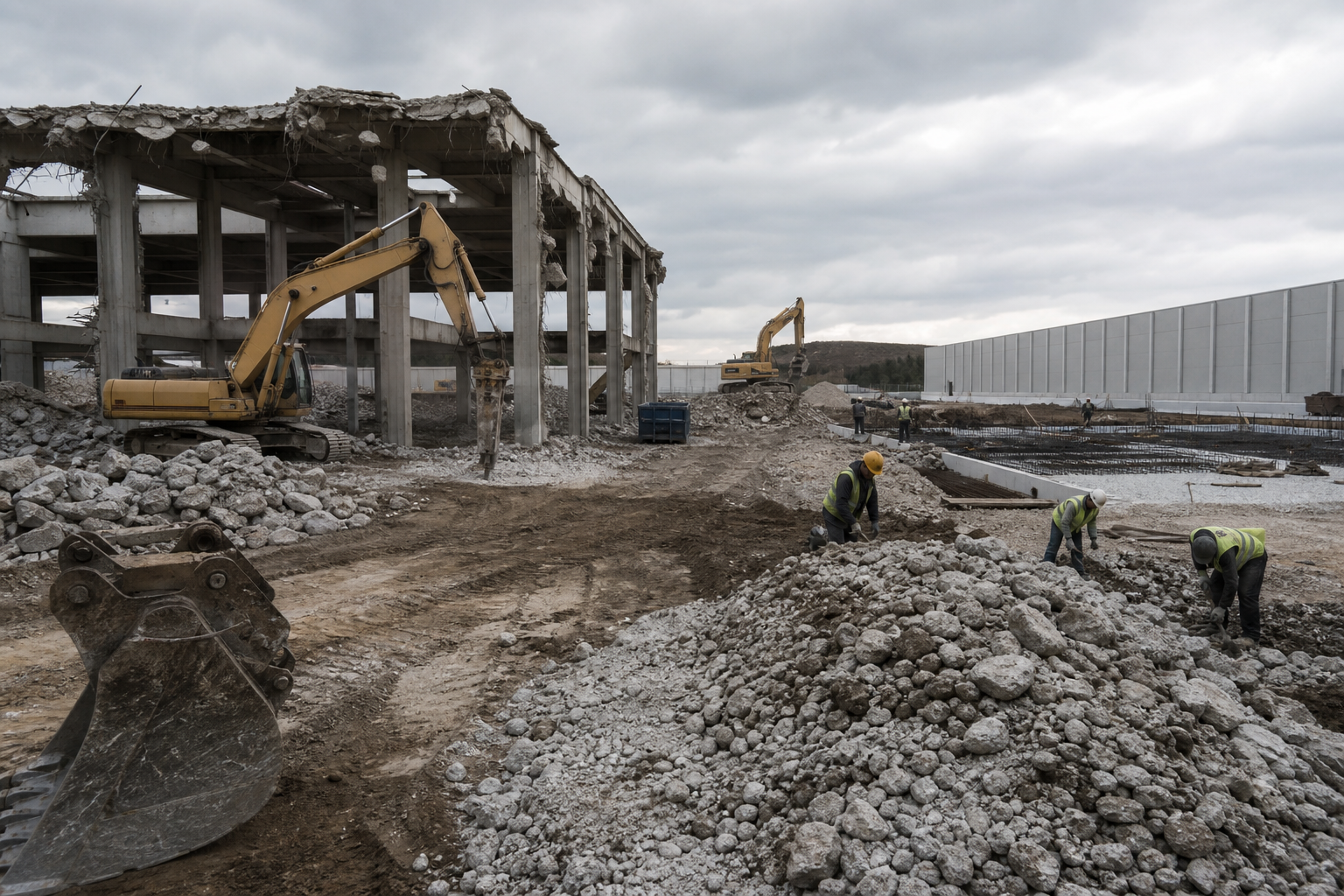 Editorial documentary image of a construction site during building demolition,