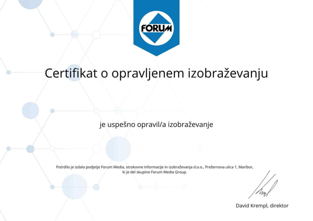 Certifikat o opravljenem izobraževanju