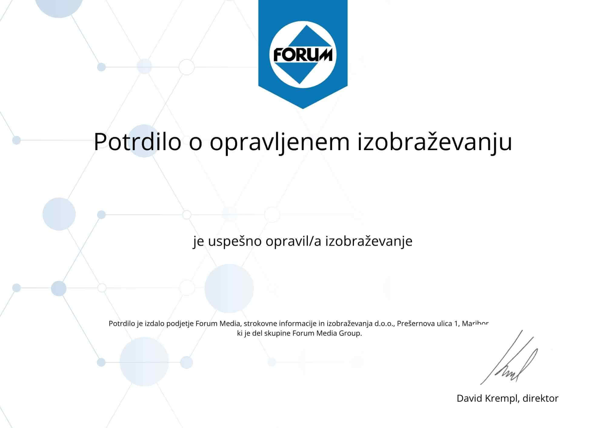 Potrdilo o opravljenem izobraževanju